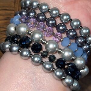 Chunky Real Pearl Bracelet Multicolored & Silver Stations, Rhinestone